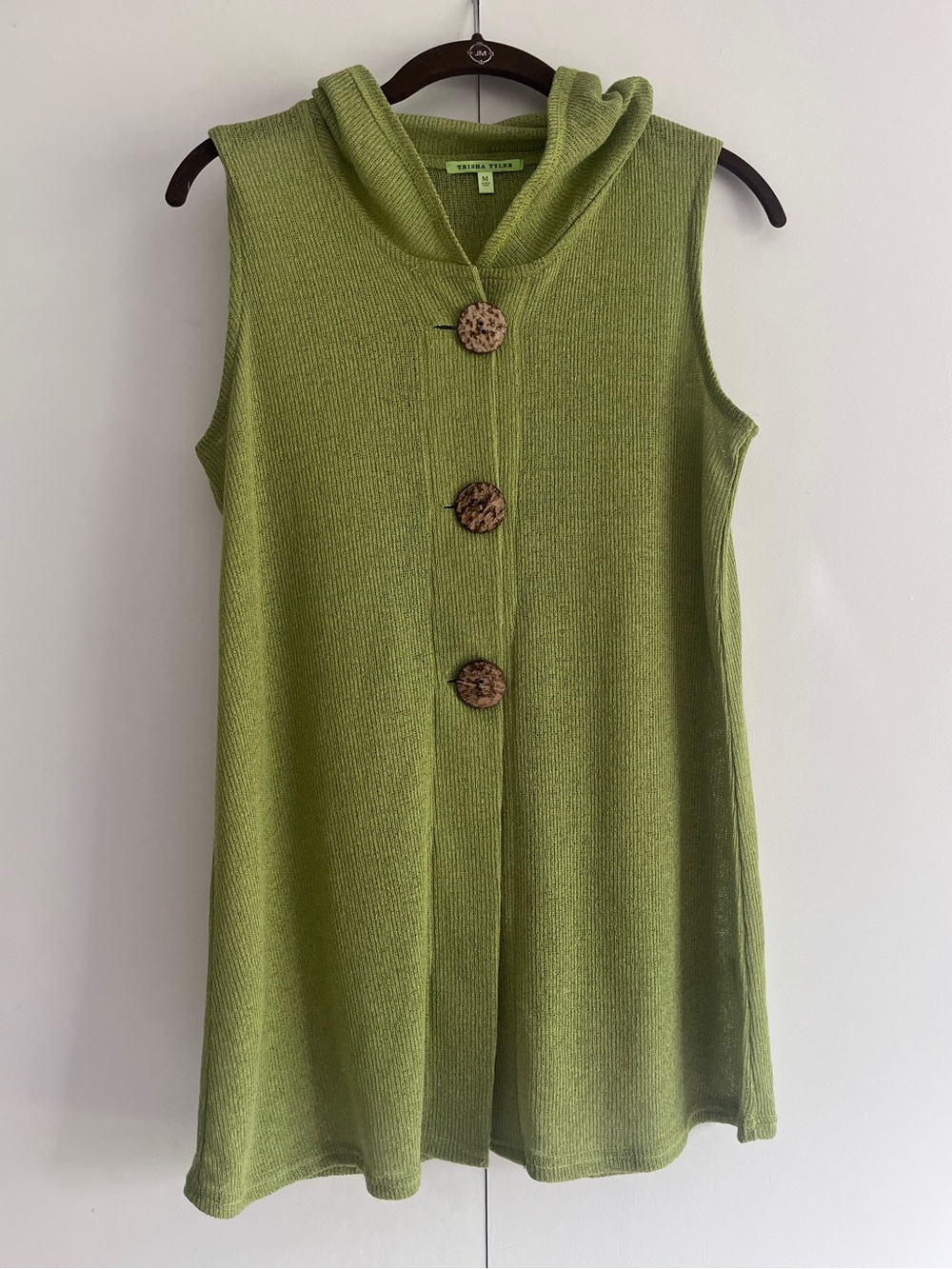 Olive Green Sleeveless Hooded Tunic with Brown Statement Buttons